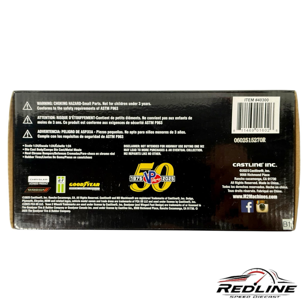 Redline Speed Diecast M2 Machines 1971 Plymouth Hemi Cuda packaging back with VP Racing 50th anniversary branding