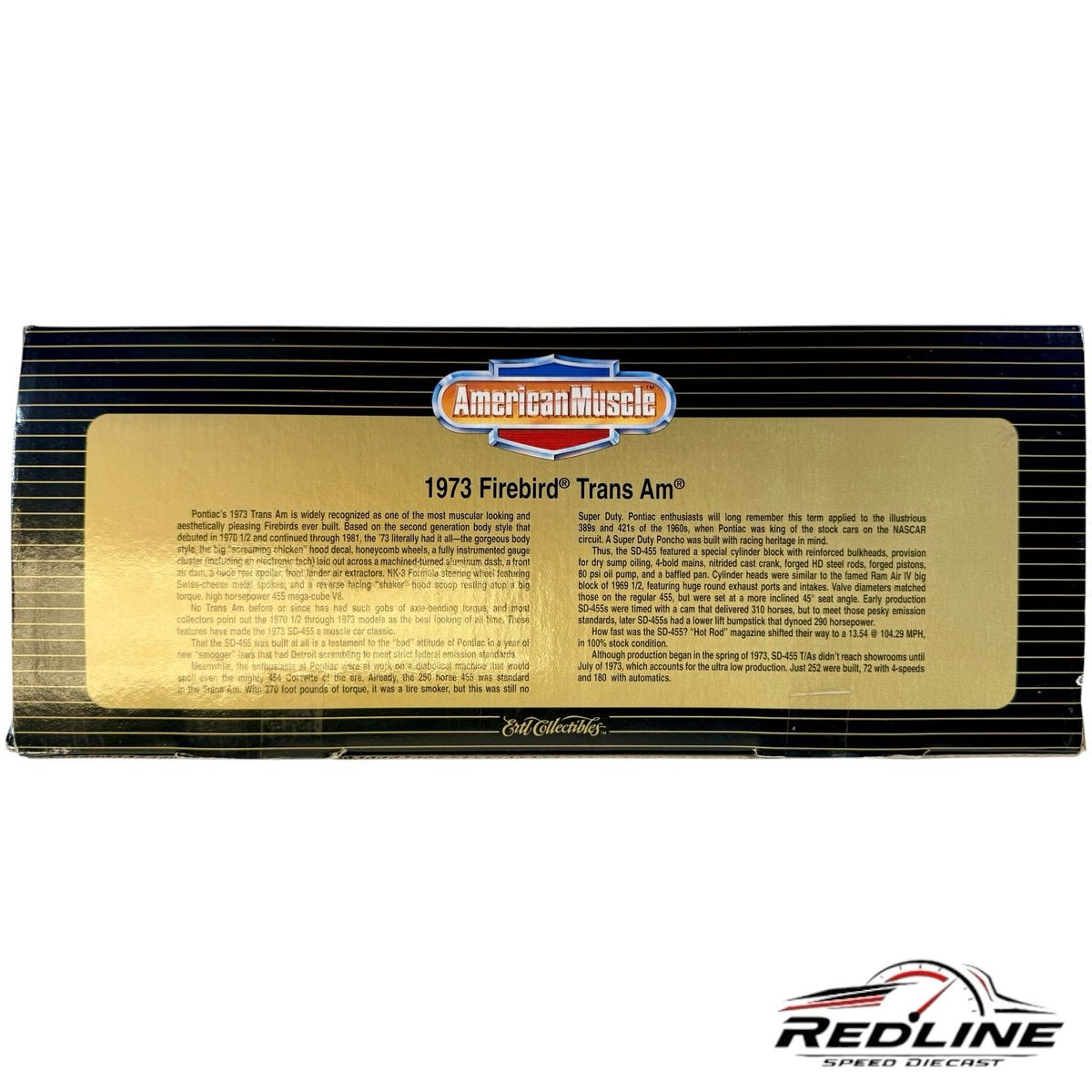 Redline Speed Diecast 1973 Pontiac Firebird Trans Am collector box packaging with historical vehicle information