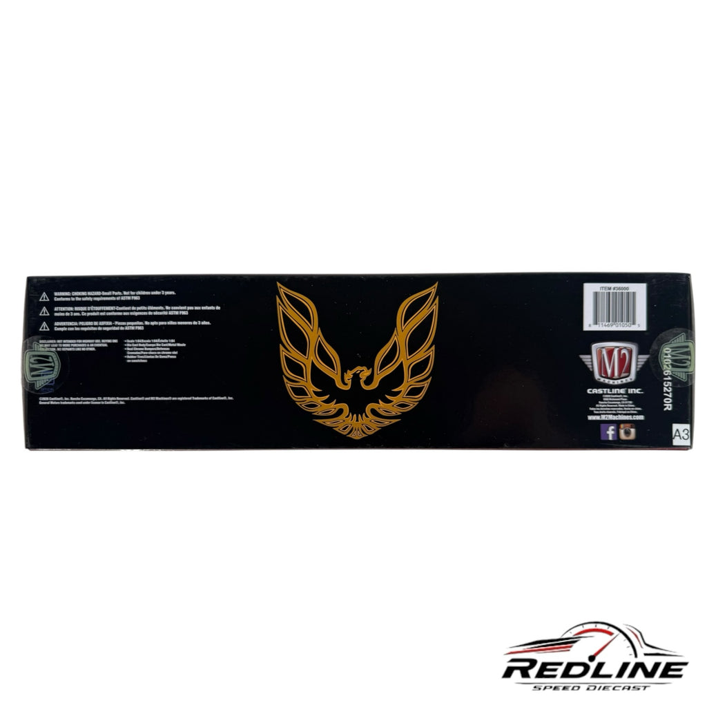 Redline Speed Diecast M2 Machines packaging box featuring a gold Pontiac Firebird logo on a black background