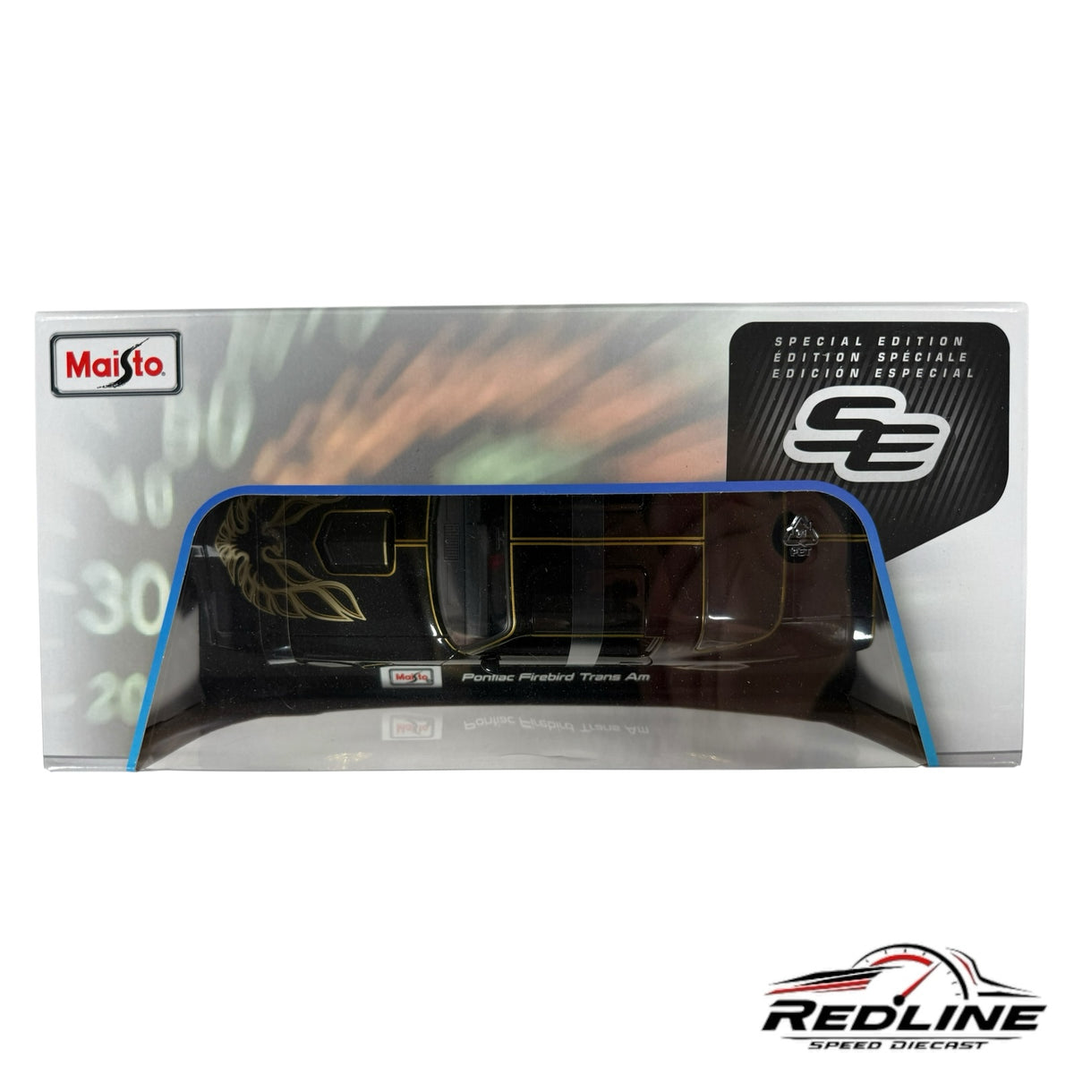 Redline Speed Diecast Maisto Pontiac Firebird Trans Am 1:18 scale model in black with gold decals in original box