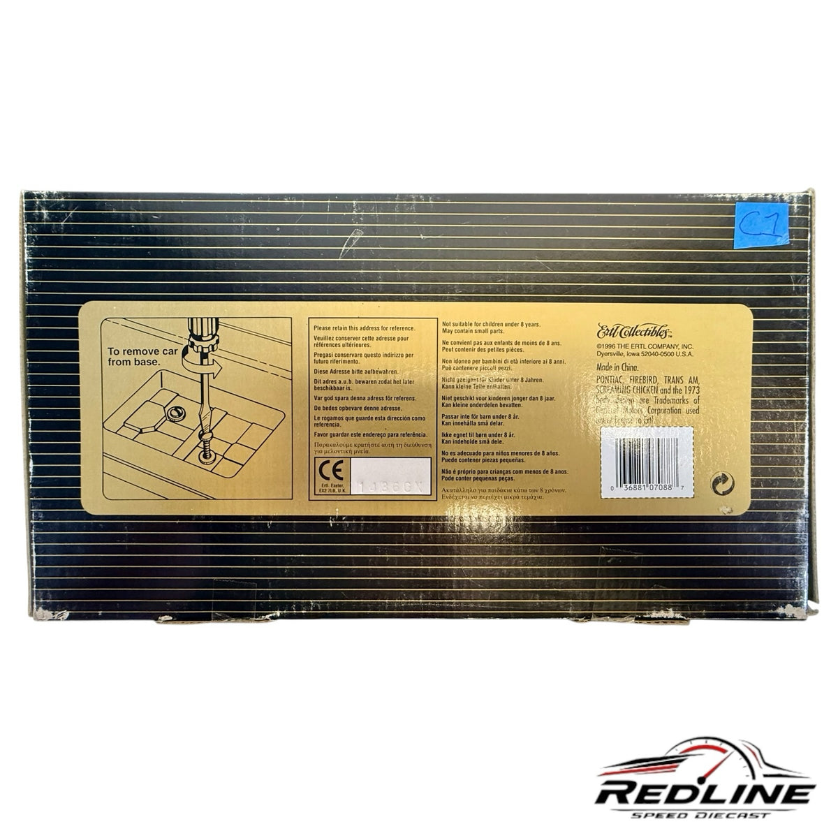 Redline Speed Diecast 1973 Pontiac Firebird Trans Am model car packaging back view with product information and warnings