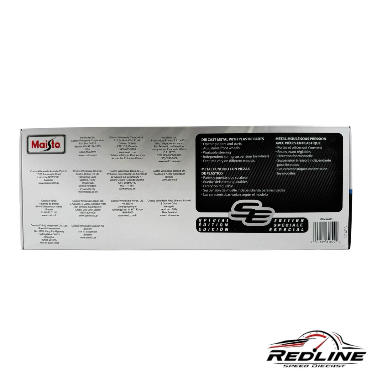 Redline Speed Diecast Maisto Pontiac Firebird Trans Am packaging box back with product features and specifications