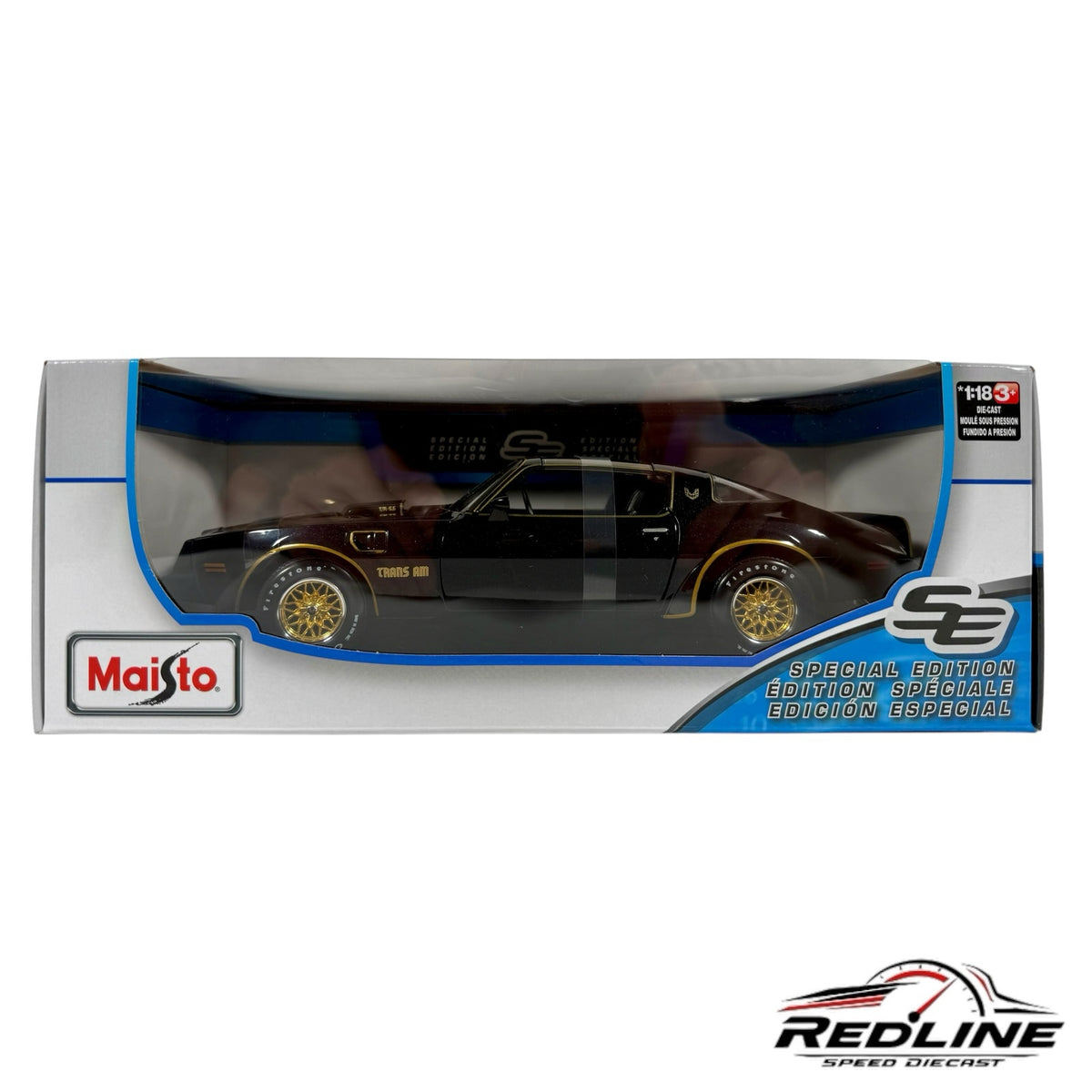 Redline Speed Diecast Maisto 1:18 scale black Pontiac Firebird Trans Am model car in original display packaging