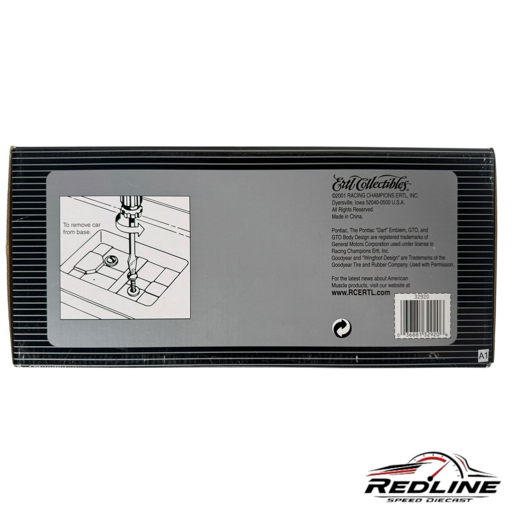 Redline Speed Diecast packaging back panel for 1966 Pontiac GTO model showing removal instructions and product details.
