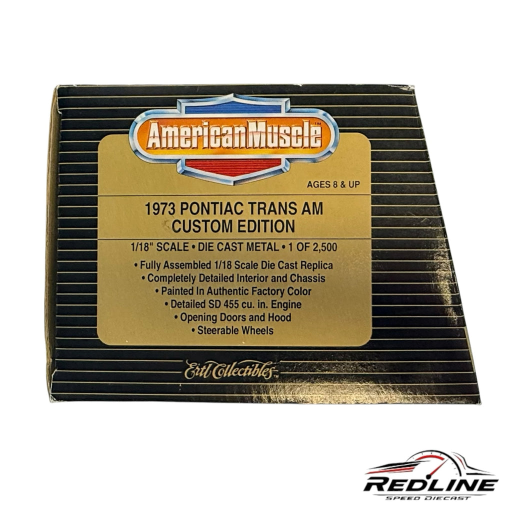 Redline Speed Diecast packaging for 1973 Pontiac Trans Am Custom Edition 1/18 scale model with gold text on black