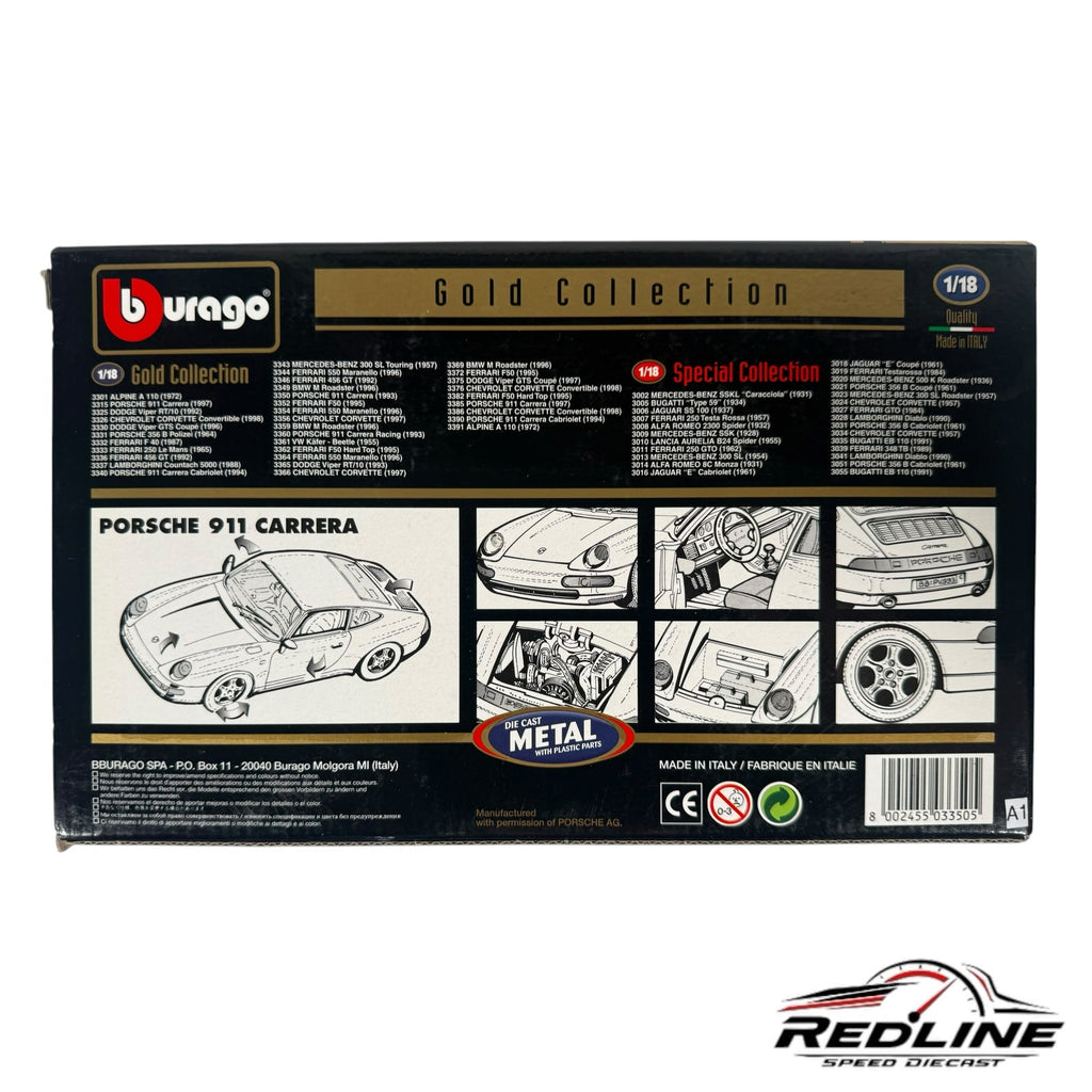 Redline Speed Diecast Bburago Porsche 911 Carrera Gold Collection model car box packaging with technical illustrations
