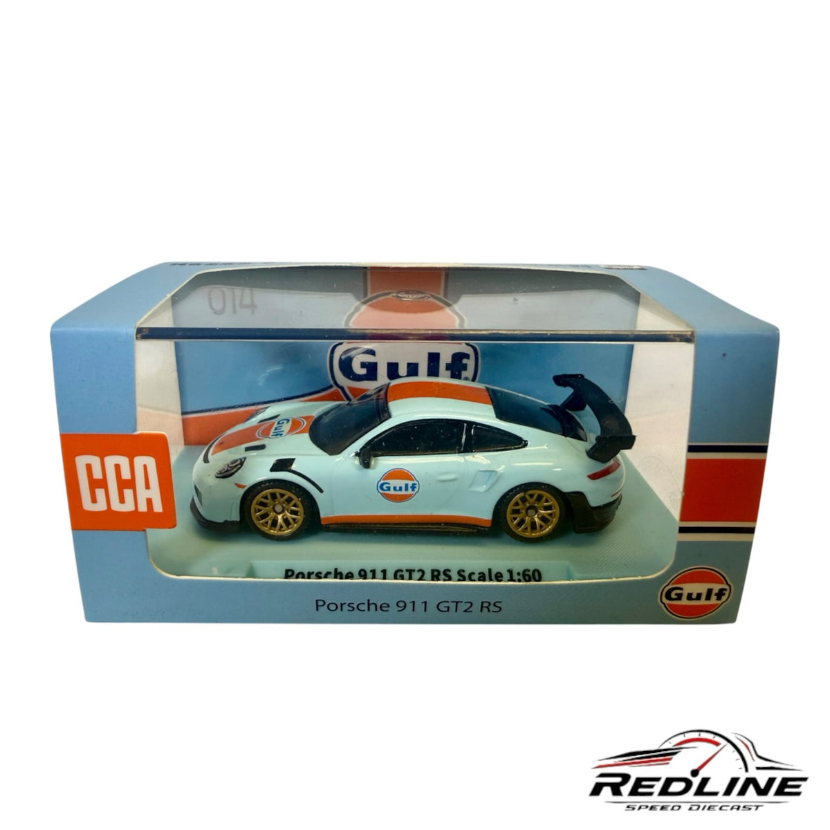 Redline Speed Diecast 1:60 scale Porsche 911 GT2 RS in Gulf Oil blue and orange livery with gold wheels in display box