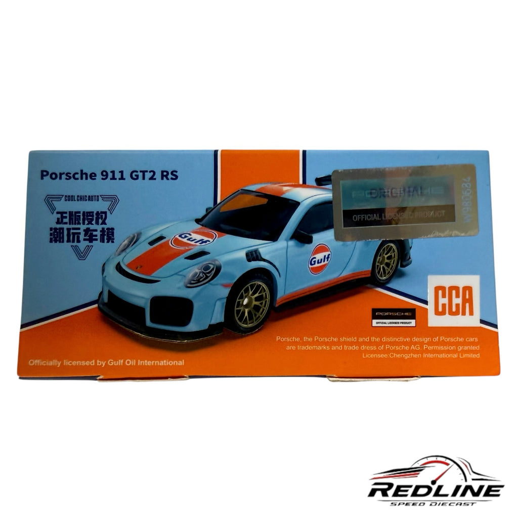 Redline Speed Diecast Porsche 911 GT2 RS model in Gulf Oil blue and orange livery inside its display box.