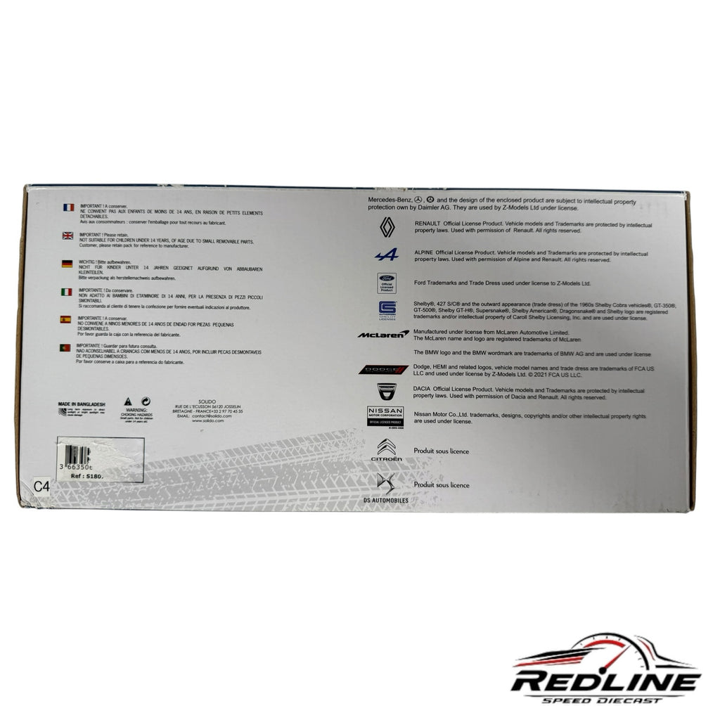Redline Speed Diecast Solido Porsche 911 model packaging box back with safety warnings and licensing information