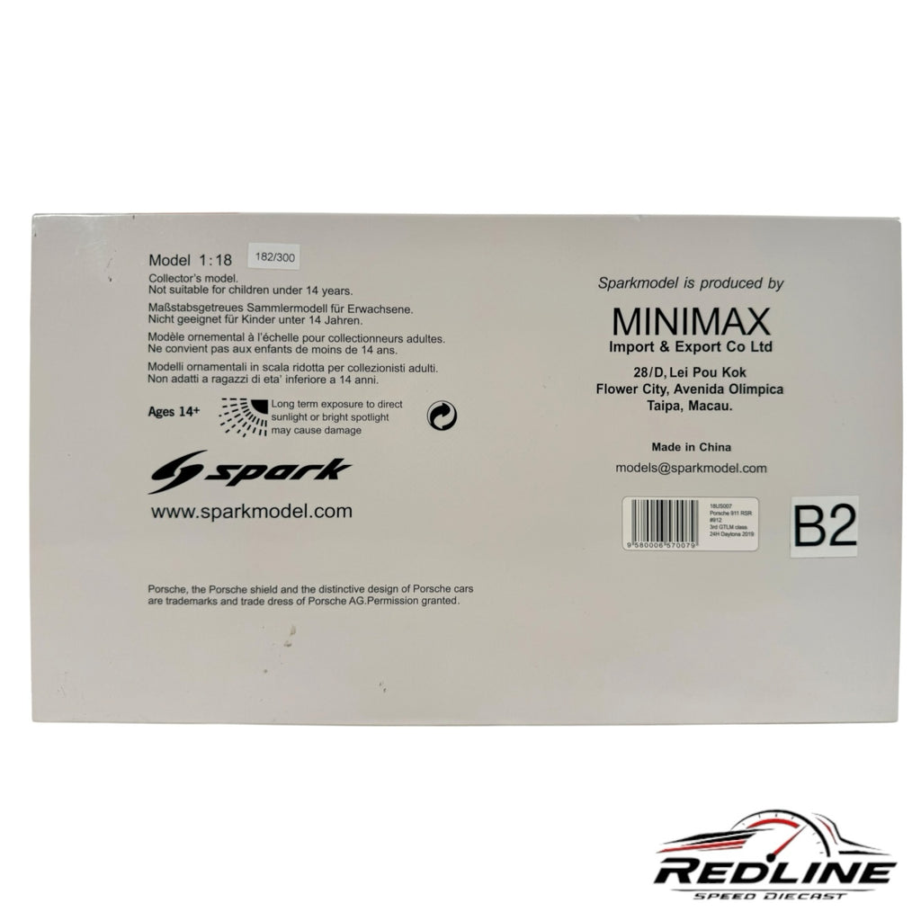 Redline Speed Diecast Spark Porsche 911 RSR 1:18 scale model box back with product information and manufacturer details
