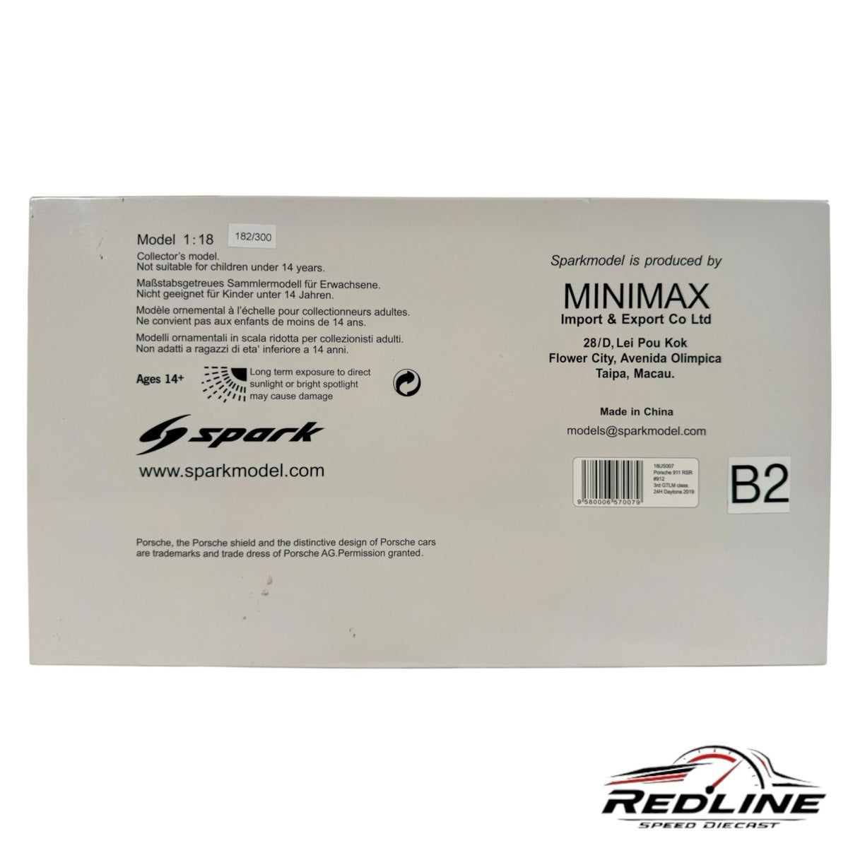 Redline Speed Diecast Spark Porsche 911 RSR 1:18 scale model box back with product information and manufacturer details