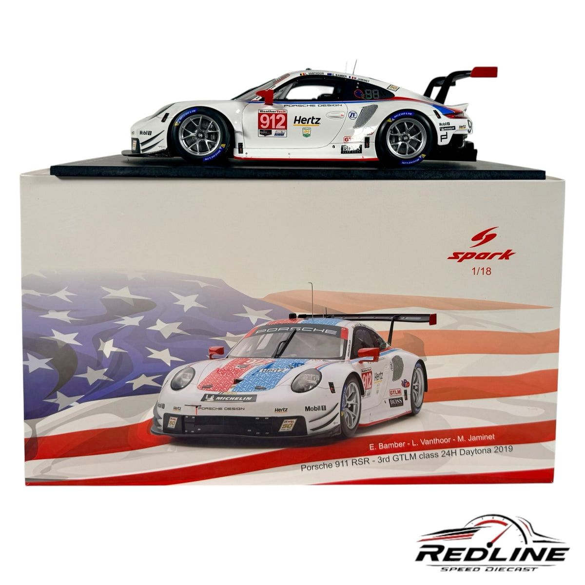 Redline Speed Diecast 1:18 scale Porsche 911 RSR model in white, red, and blue livery on a display base.