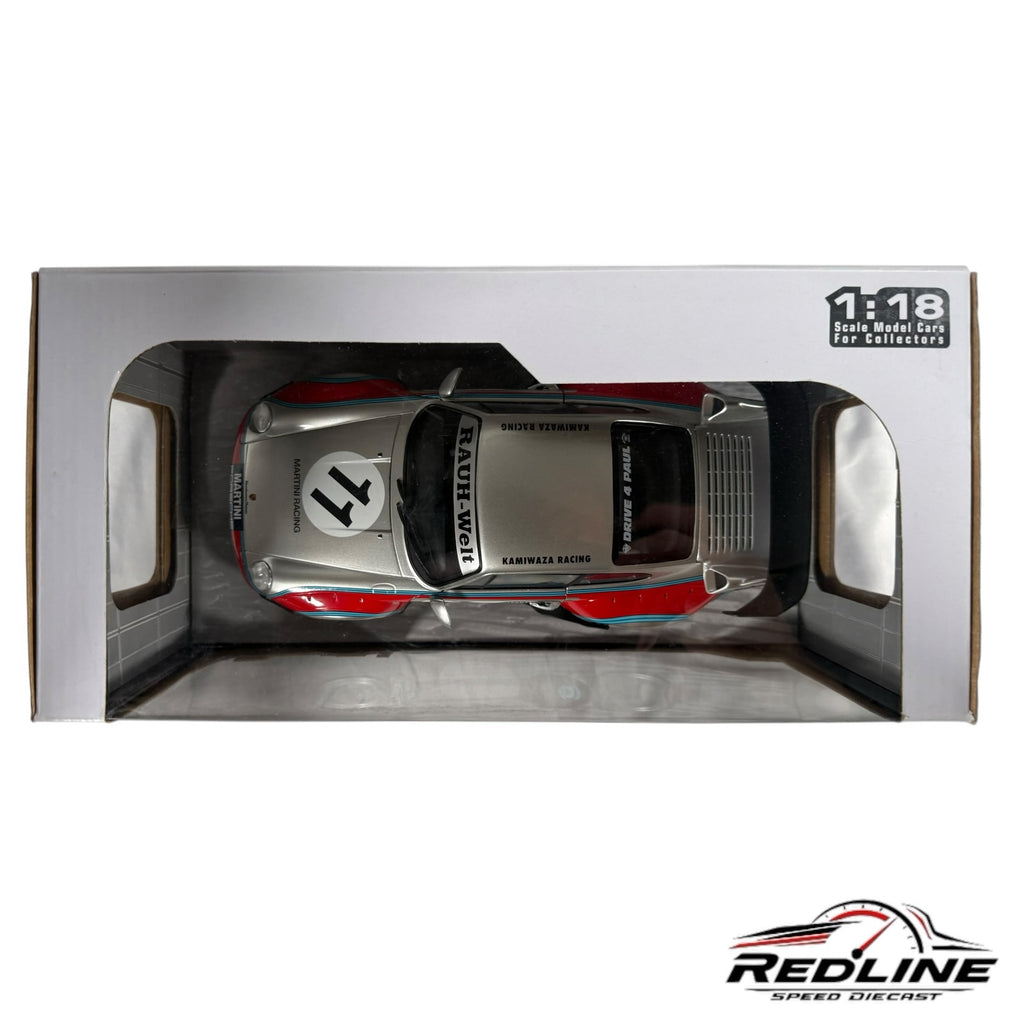 Redline Speed Diecast 1:18 scale Solido Porsche 911 RWB model in silver and red Martini Racing livery in box