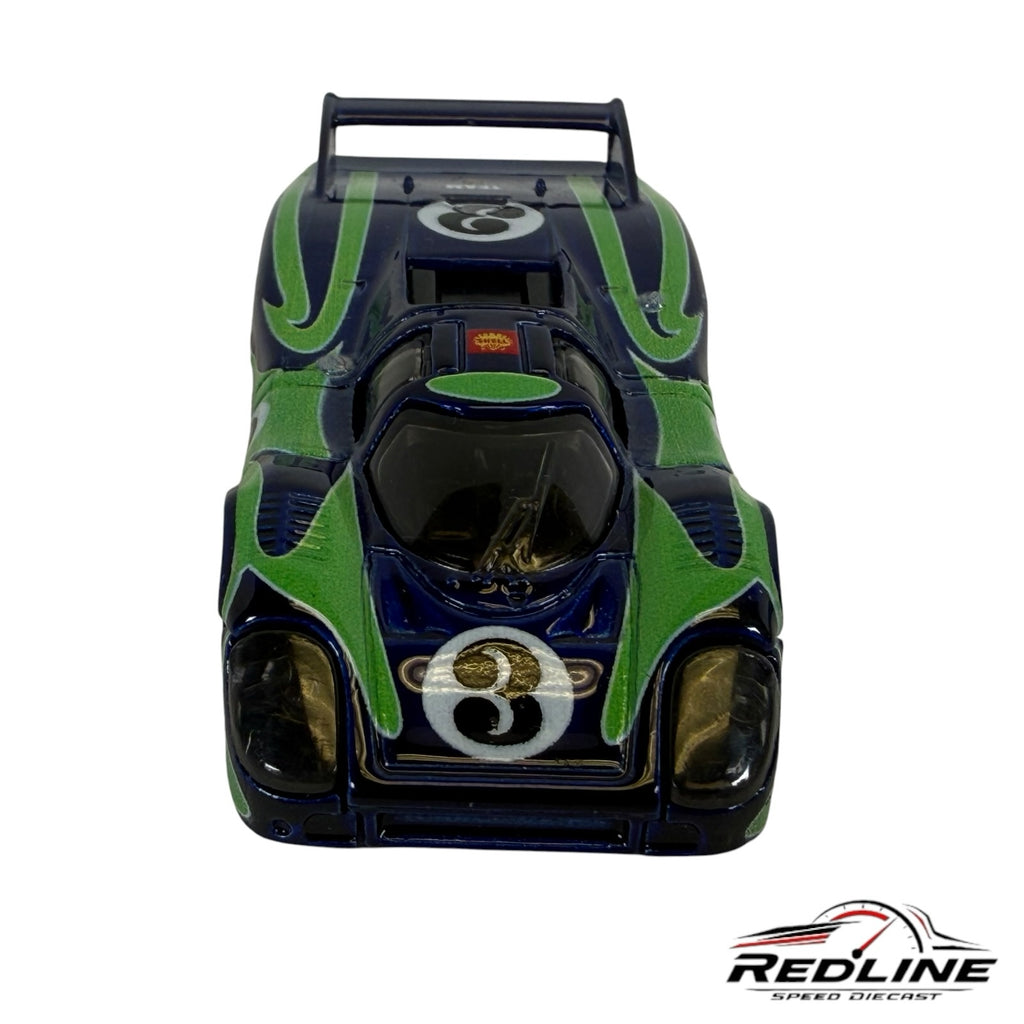 Redline Speed Diecast Porsche 917LH model in deep blue with green flame graphics and number 3 racing livery