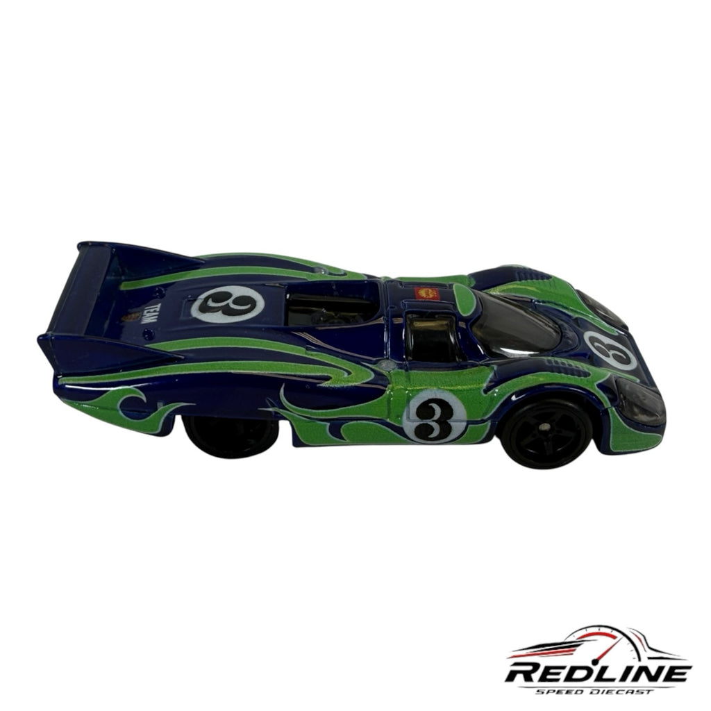 Redline Speed Diecast Porsche 917LH long tail racer in deep blue with green flame graphics and number 3 livery