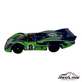 Redline Speed Diecast Porsche 917LH long-tail race car in deep blue with green flame graphics and number 3 livery.