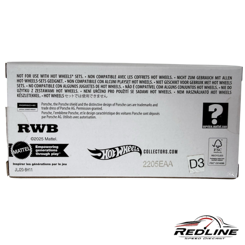 Redline Speed Diecast packaging box for Hot Wheels RWB Porsche 930 featuring official branding and safety information.