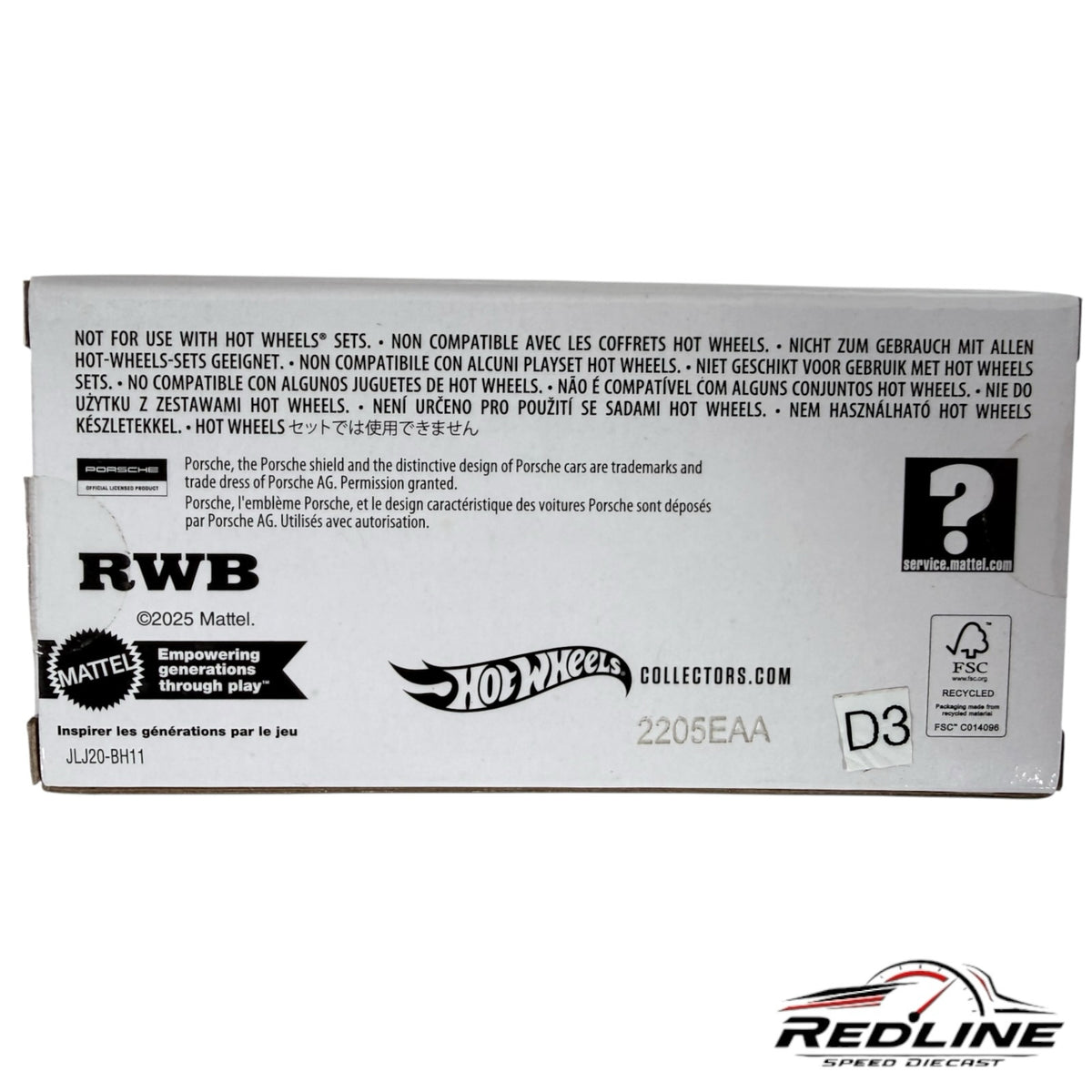 Redline Speed Diecast packaging box for Hot Wheels RWB Porsche 930 featuring official branding and safety information.
