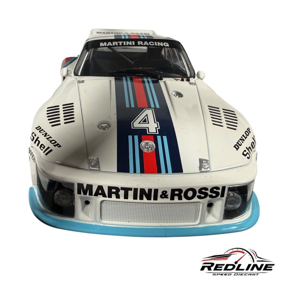 Redline Speed Diecast Norev Porsche 935 Martini Racing model car in white with iconic blue and red racing livery
