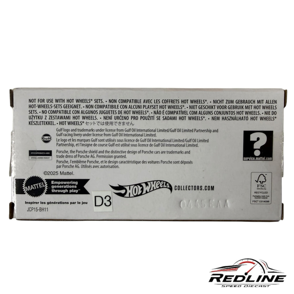 Redline Speed Diecast Hot Wheels Porsche 959 collector box back view with legal text and branding information
