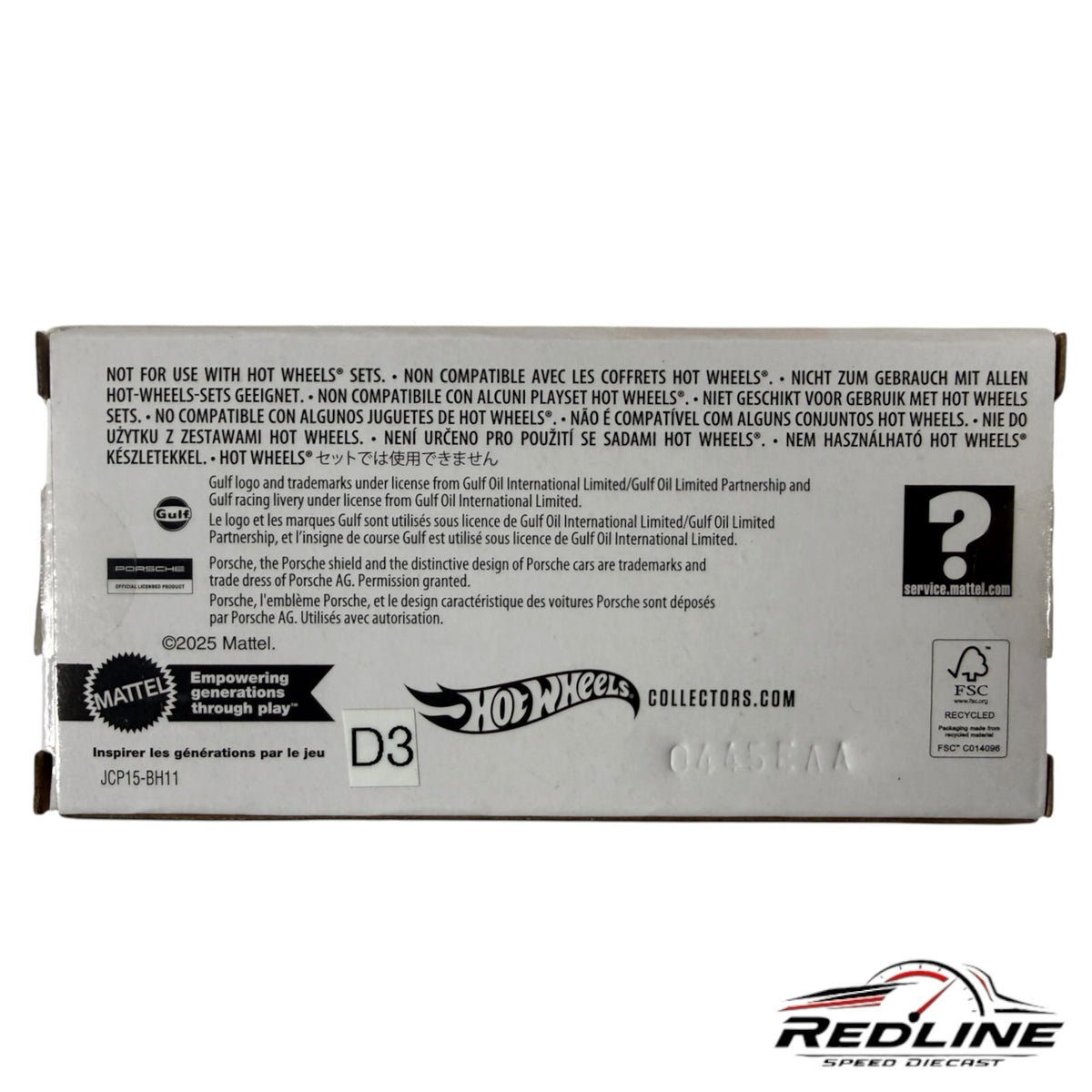 Redline Speed Diecast Hot Wheels Porsche 959 collector box back view with legal text and branding information
