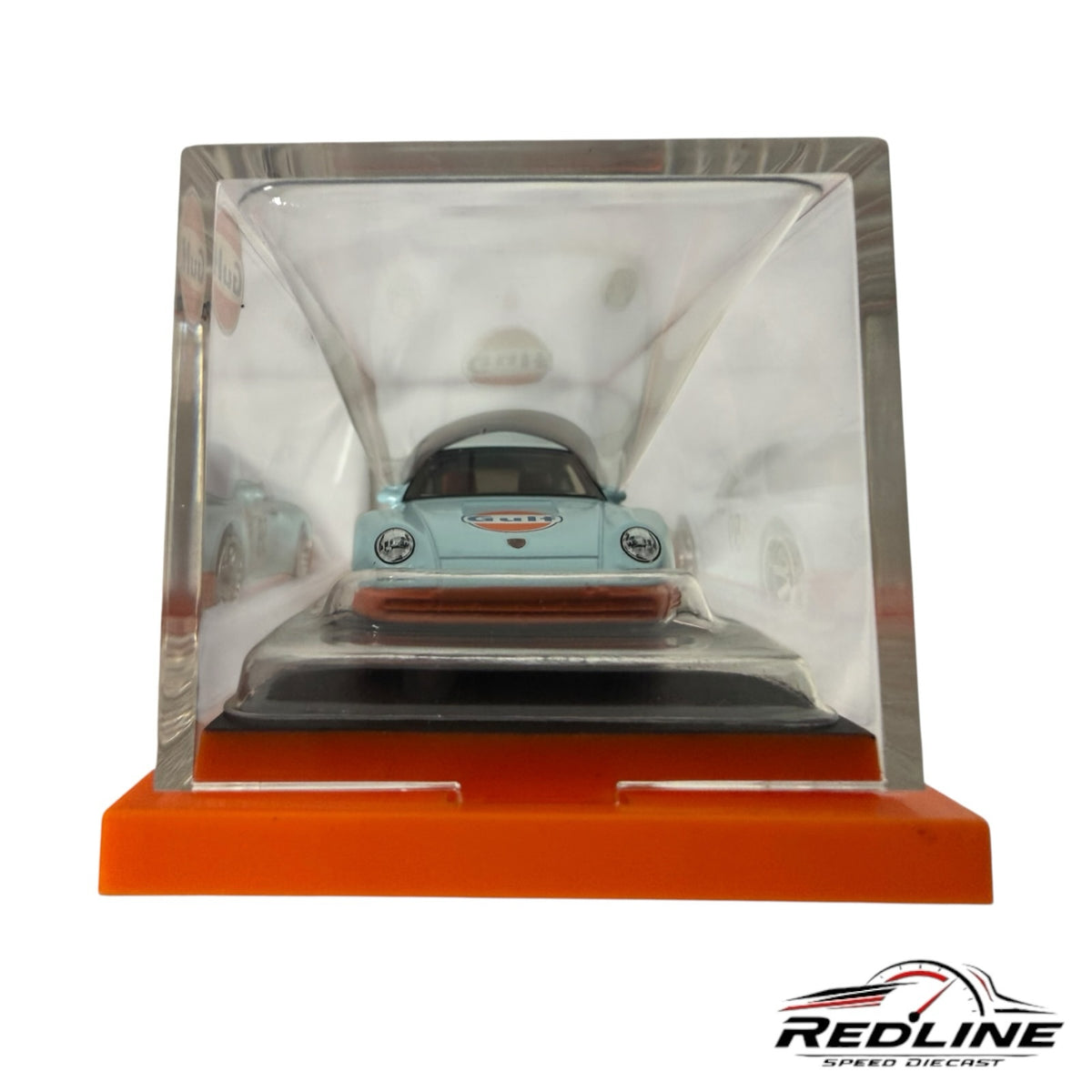 Redline Speed Diecast Hot Wheels Porsche 959 in Gulf livery inside a clear acrylic display case on an orange base