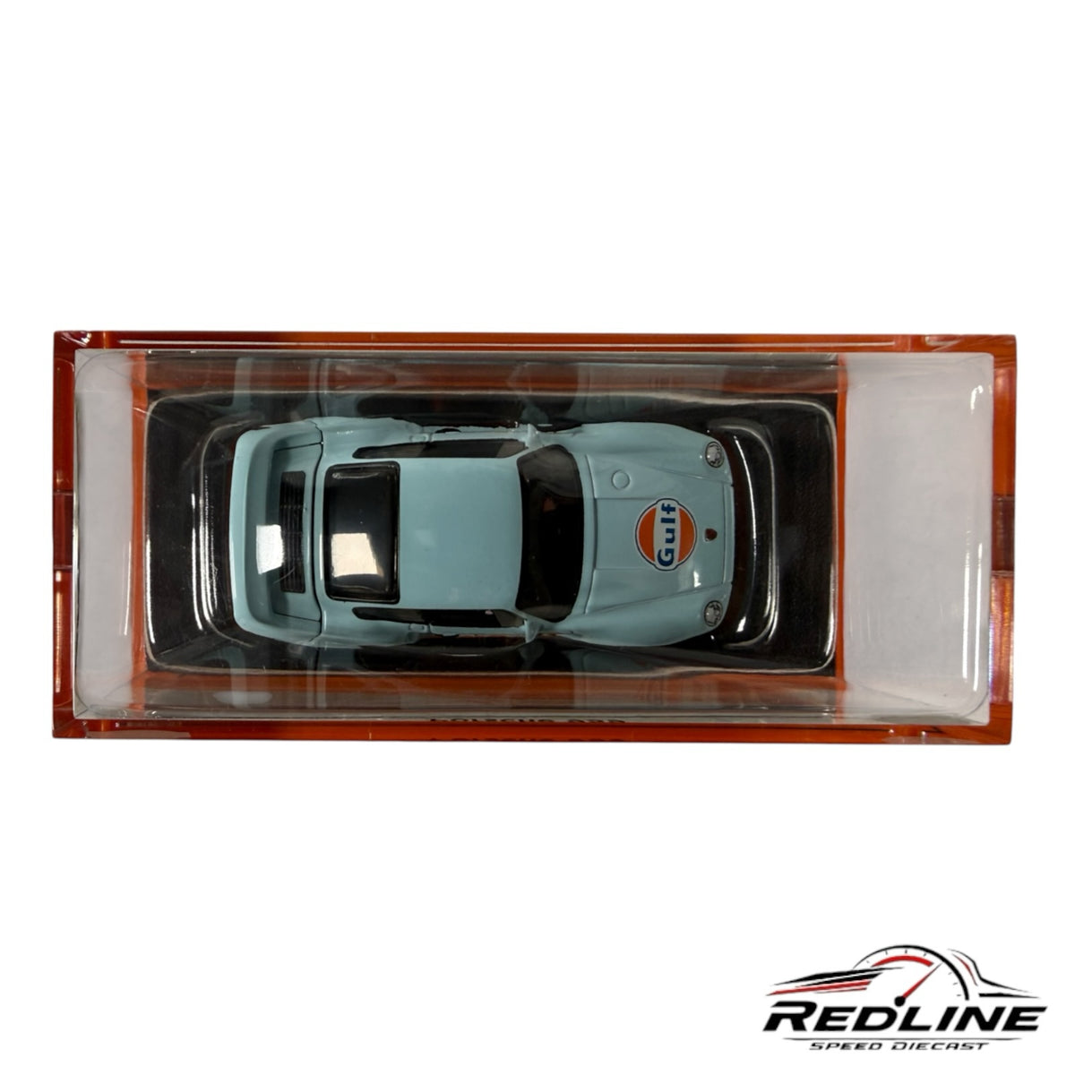 Redline Speed Diecast Hot Wheels Porsche 959 in Gulf livery with light blue and orange paint in an acrylic case