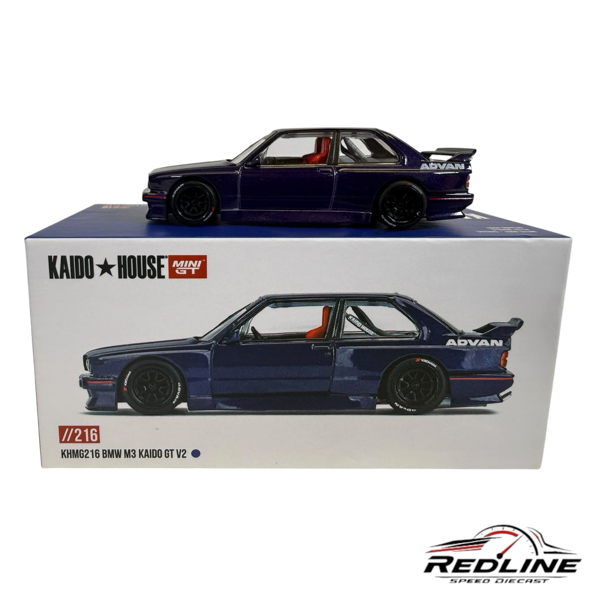Redline Speed Diecast purple BMW M3 Kaido GT V2 1:64 scale model with widebody kit and Advan branding on display box