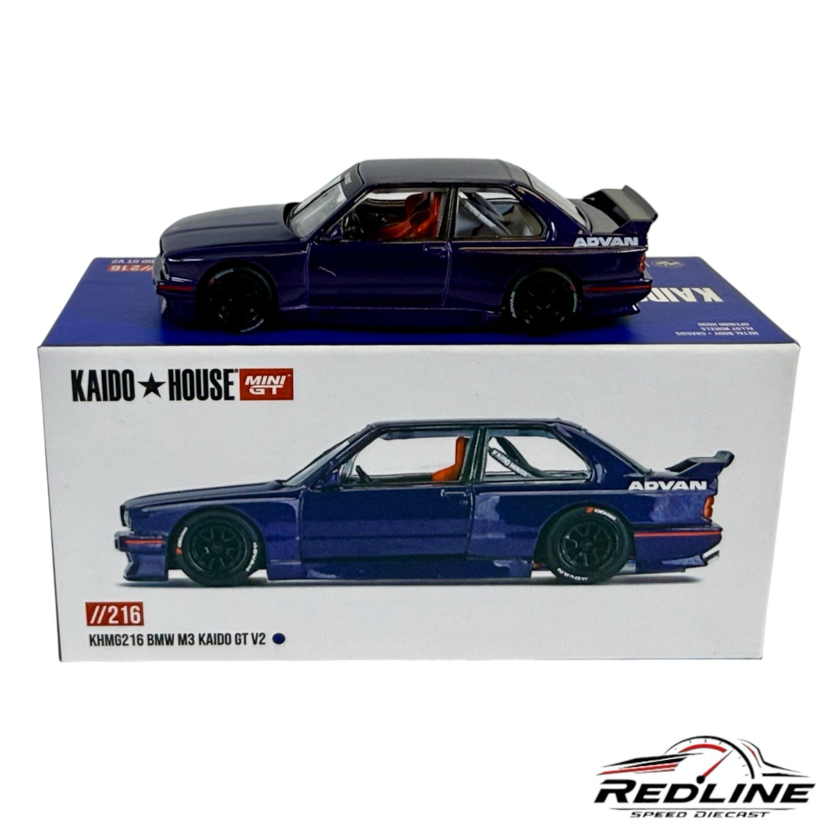 Redline Speed Diecast 1:64 scale deep purple BMW M3 Kaido GT V2 model car with Advan livery on its display box