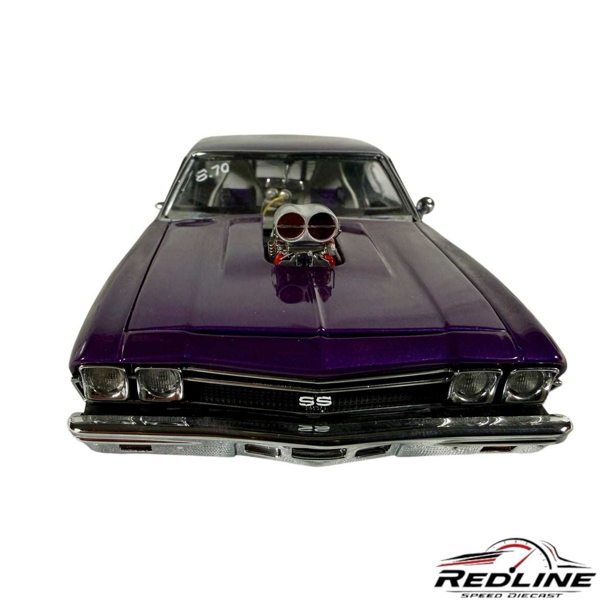 Redline Speed Diecast 1968 Chevrolet Chevelle Pro Street model in deep purple with a hood-mounted blower engine.