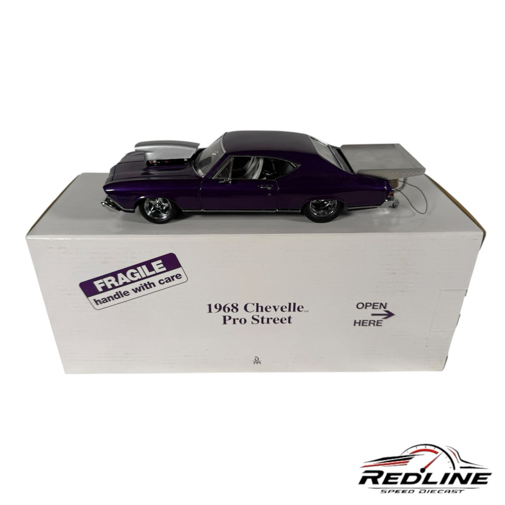 Redline Speed Diecast 1968 purple Chevelle Pro Street model car with hood blower and rear wing on display box