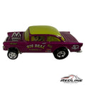 Redline Speed Diecast 1955 Chevy gasser model in metallic purple with a lime green roof and chrome engine details.