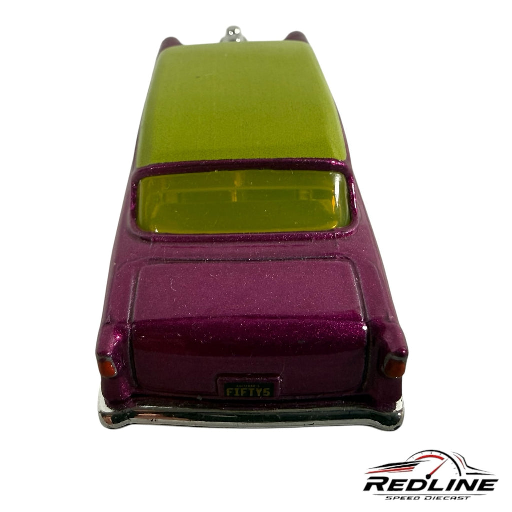 Redline Speed Diecast 1955 Chevy gasser model in metallic purple with a lime green roof, rear view.