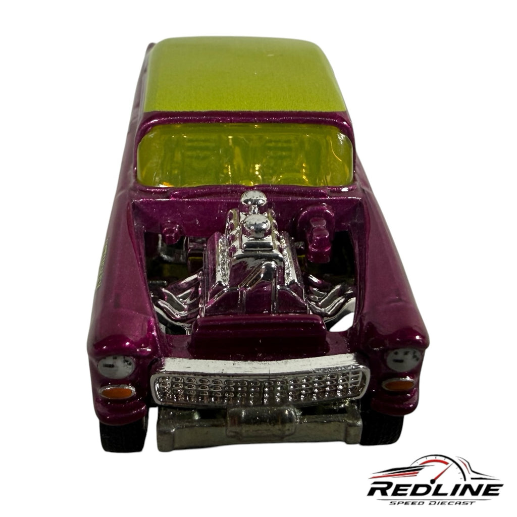 Redline Speed Diecast 1955 Chevy gasser model in purple metallic with a lime green roof and chrome exposed engine.