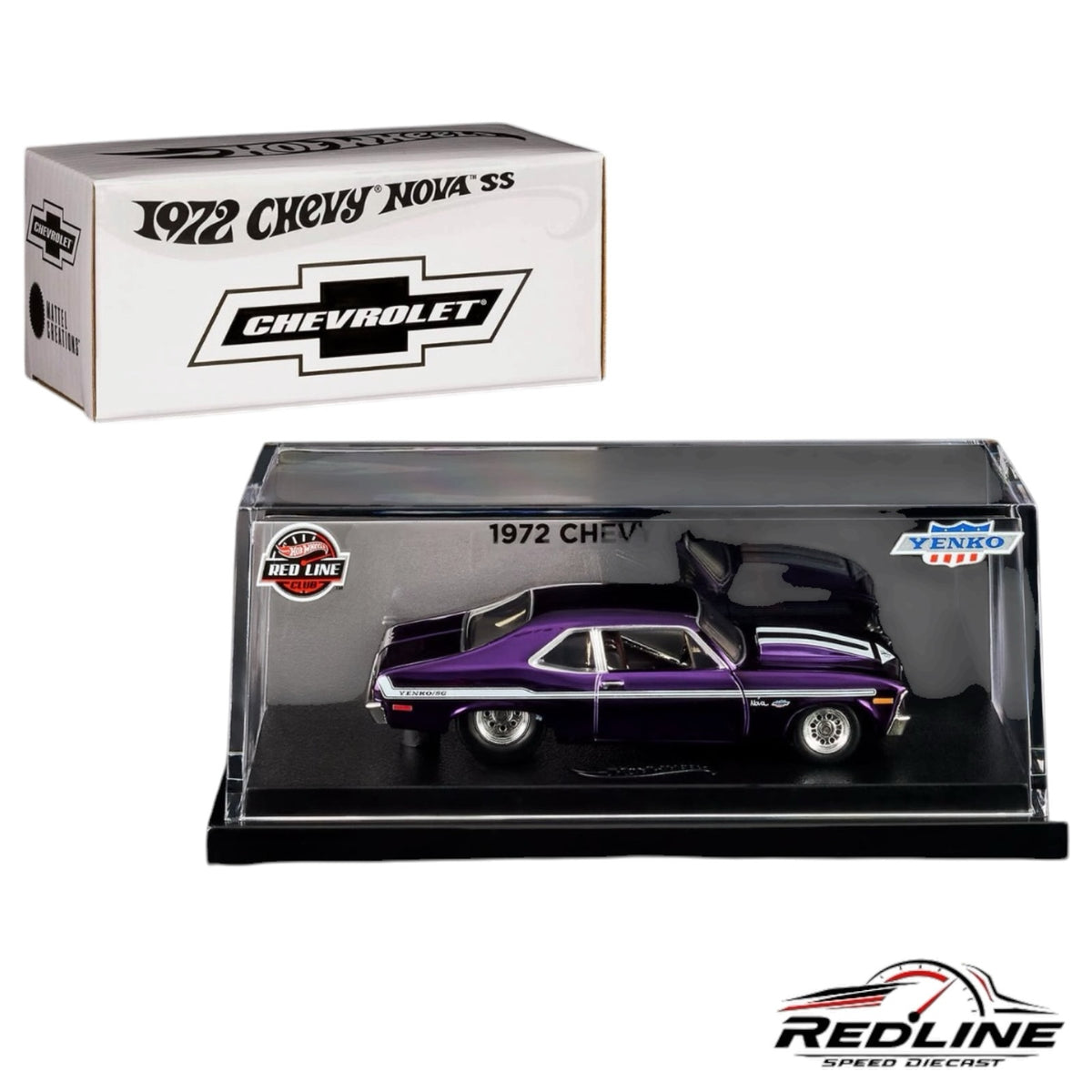 Redline Speed Diecast 1972 Chevy Nova SS muscle car in purple with Yenko branding, displayed in a clear acrylic case.