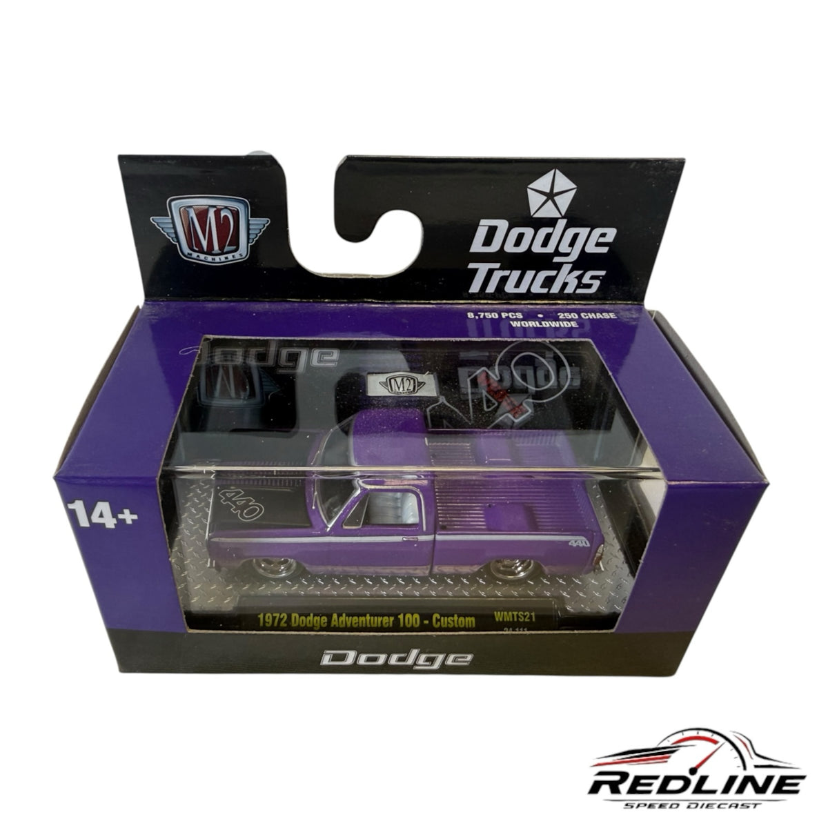 Redline Speed Diecast 1972 Dodge Adventurer 100 Custom truck in purple with black hood decal in original packaging.
