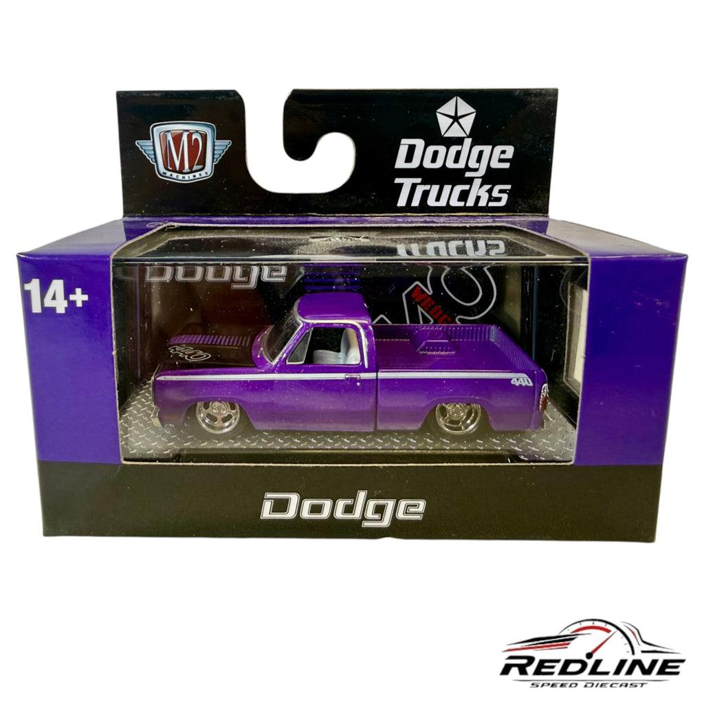 Redline Speed Diecast 1972 purple Dodge Adventurer 100 truck model in original M2 Machines packaging