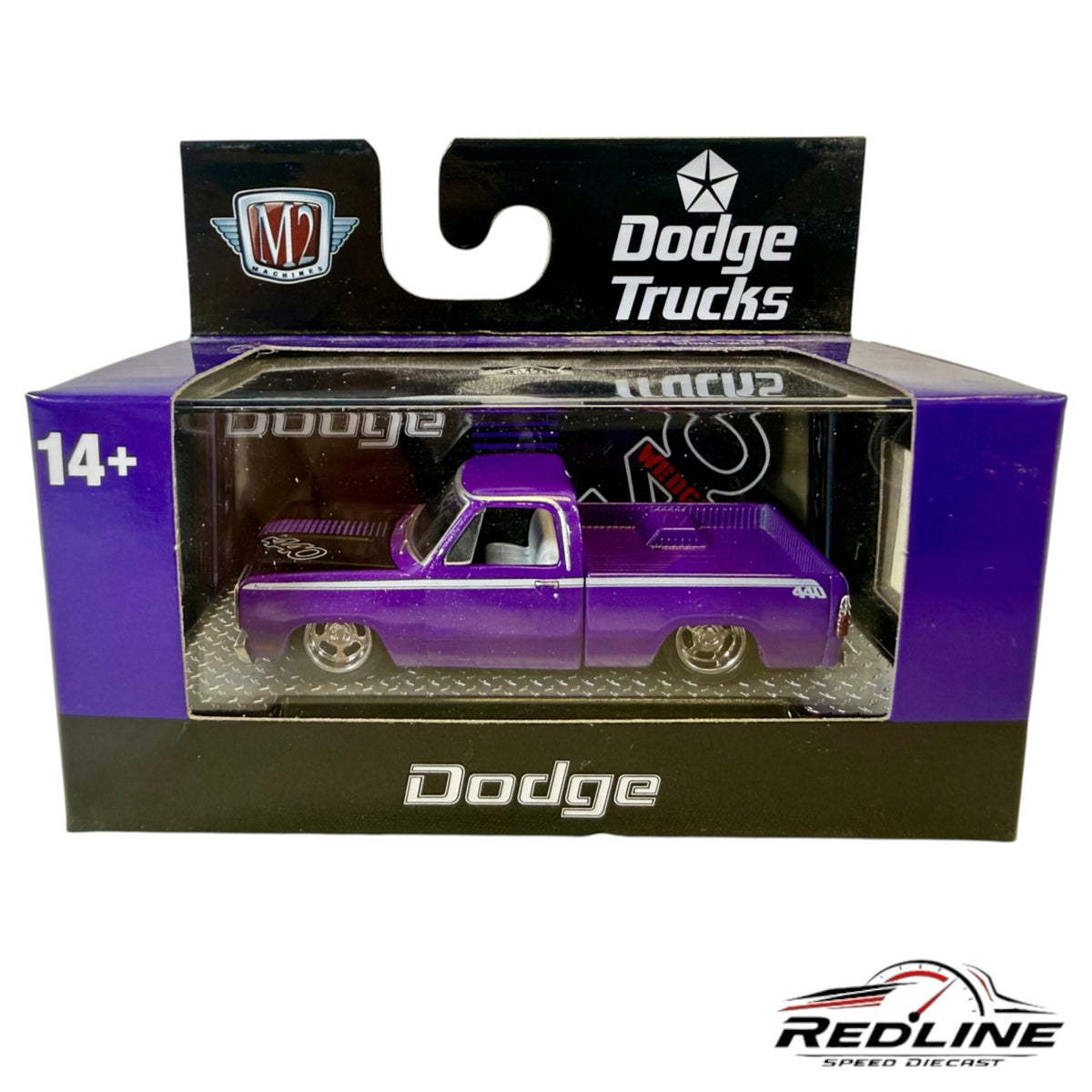 Redline Speed Diecast 1972 purple Dodge Adventurer 100 truck model in original M2 Machines packaging