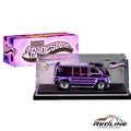 Redline Speed Diecast Hot Wheels purple Dodge Tradesman van in a clear acrylic display case with branded packaging.
