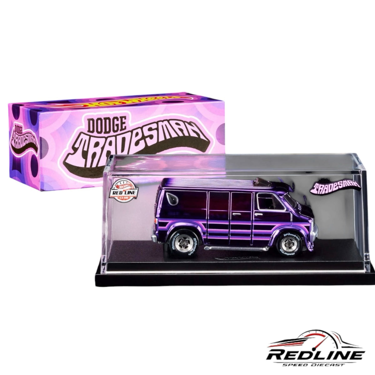 Redline Speed Diecast Hot Wheels purple Dodge Tradesman van in a clear acrylic display case with branded packaging.