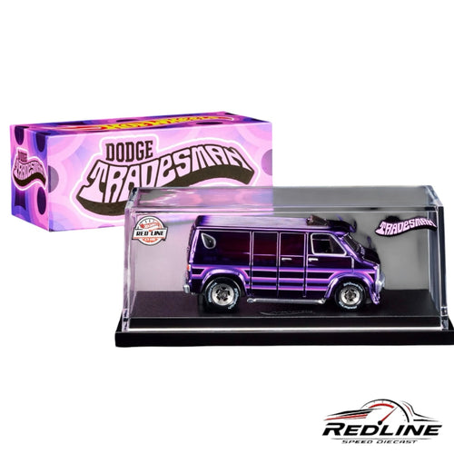 Redline Speed Diecast Hot Wheels purple Dodge Tradesman van in a clear acrylic display case with branded packaging.