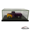 Redline Speed Diecast vintage purple and yellow pickup truck model with flame decals in a clear display case