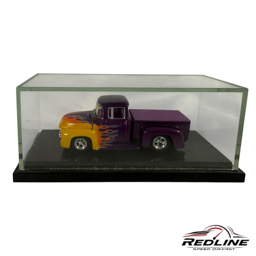 Redline Speed Diecast vintage purple and yellow pickup truck model with flame decals in a clear display case