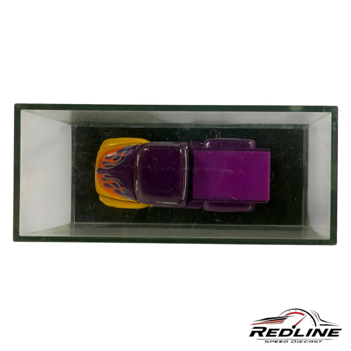 Redline Speed Diecast vintage purple and yellow pickup truck model with flame decals in a clear display case