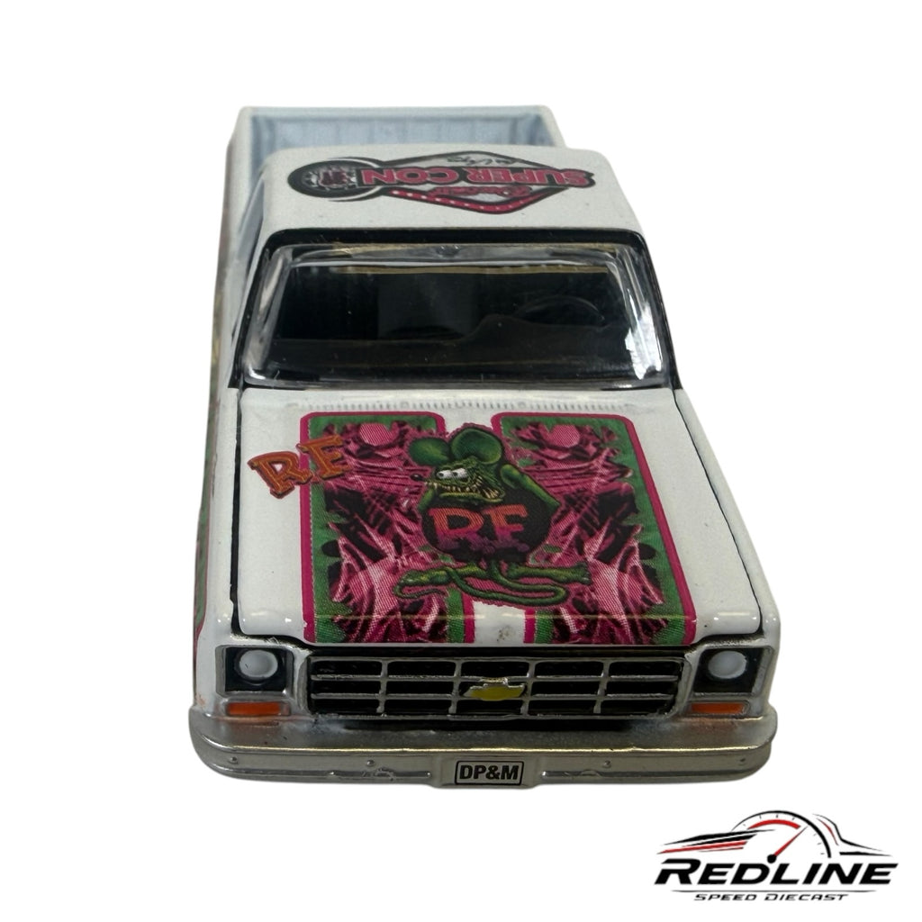 Redline Speed Diecast Rat Fink custom white pickup truck model with green and pink hood graphics and gold wheels