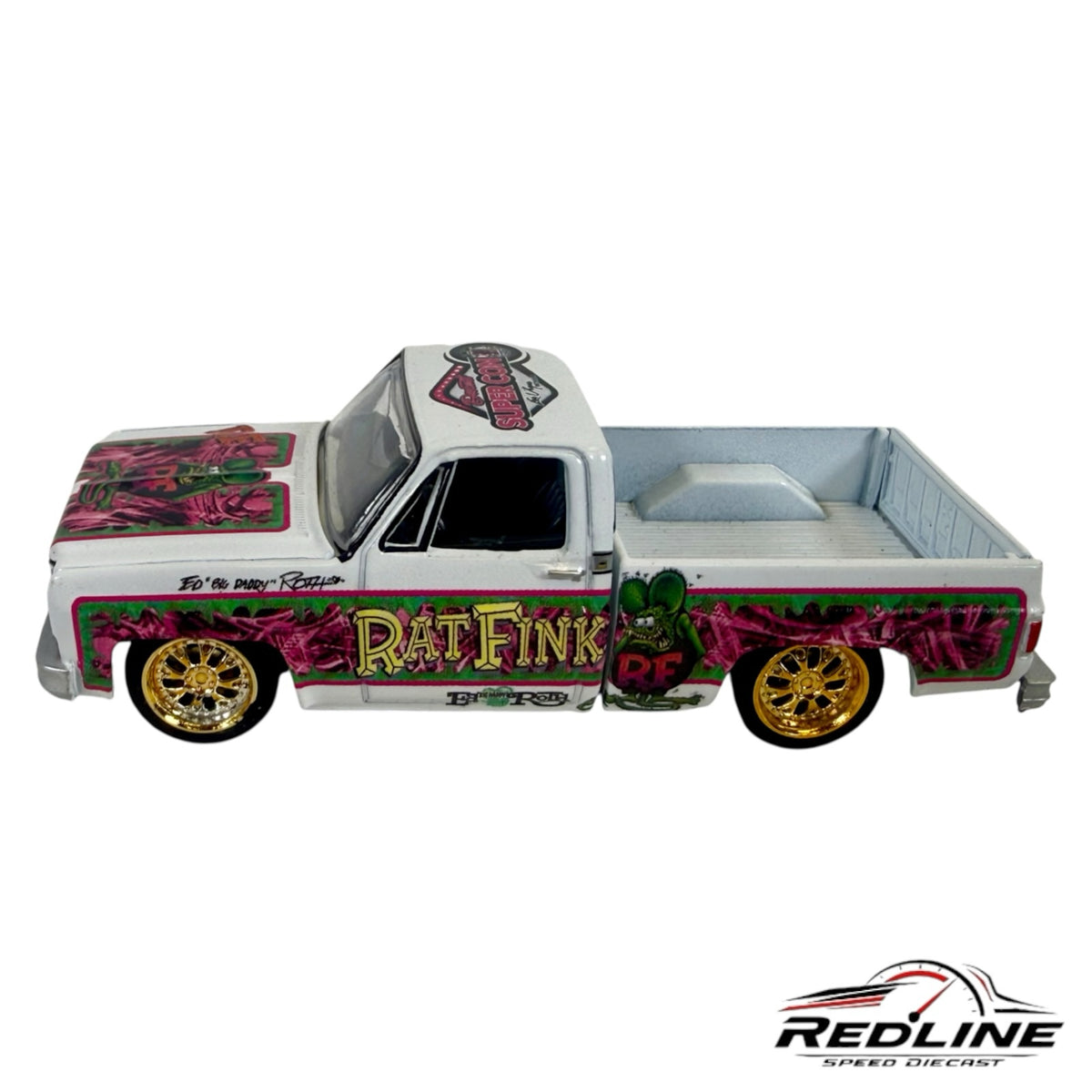 Redline Speed Diecast Rat Fink custom pickup truck model in white with pink and green graphics and gold wheels.