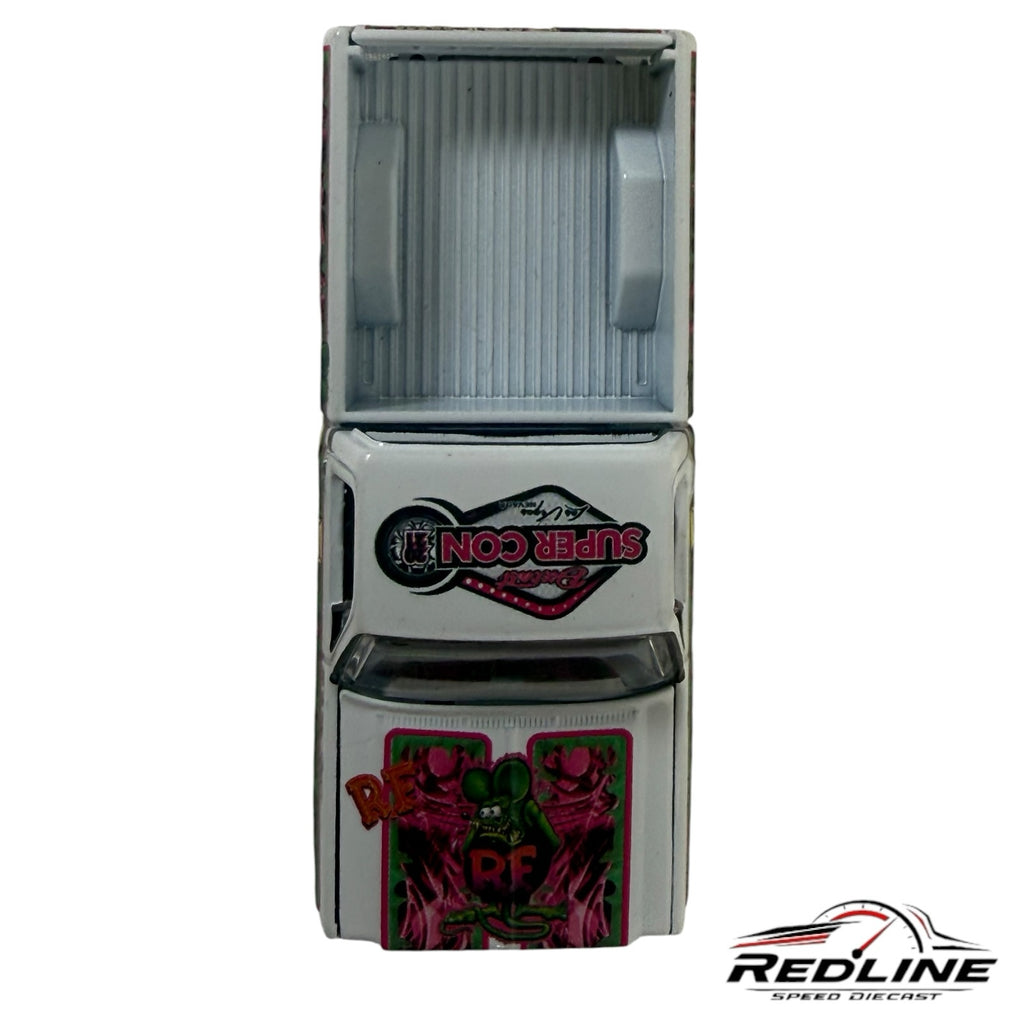 Redline Speed Diecast Rat Fink custom pickup truck model in white with pink and green graphics, top-down view.