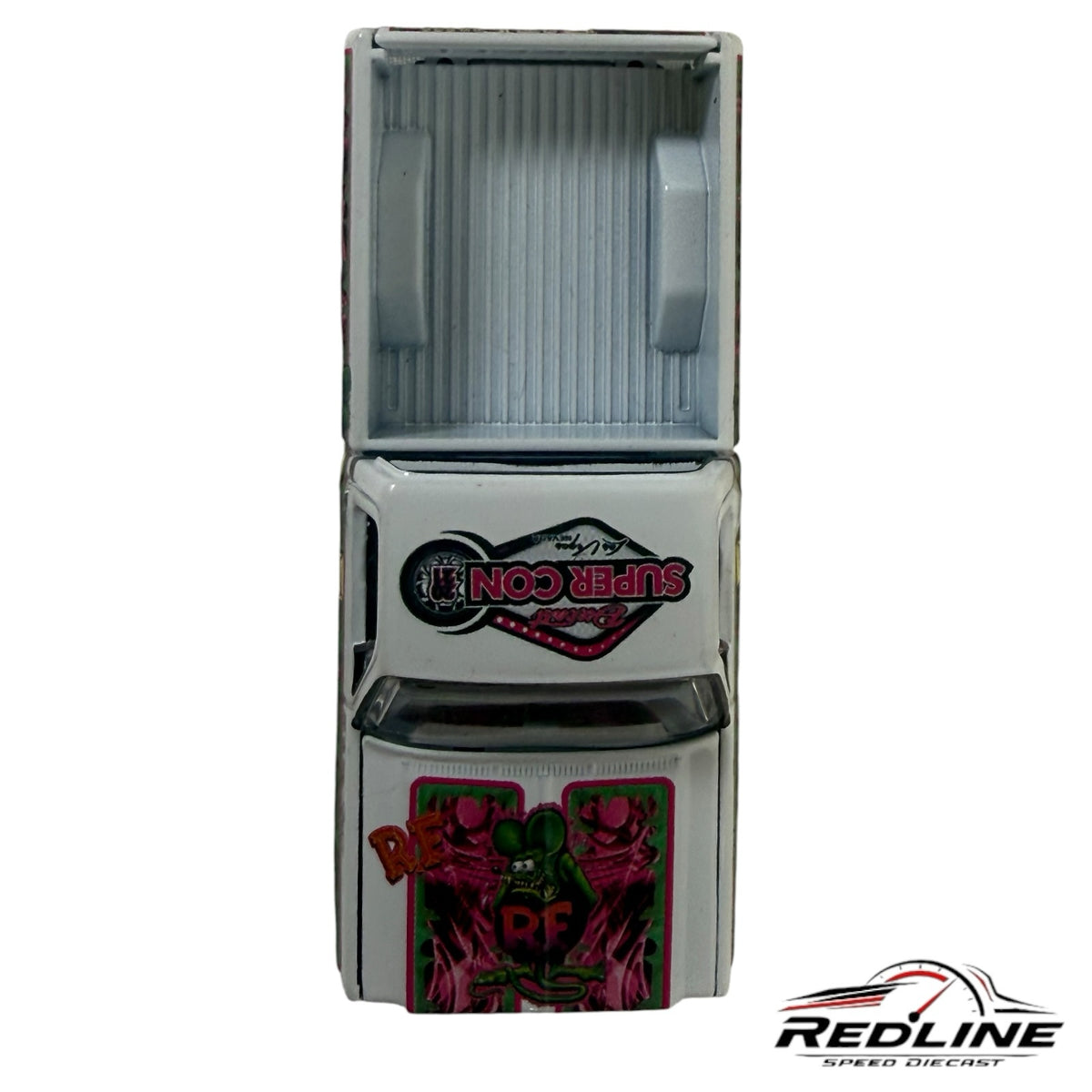Redline Speed Diecast Rat Fink custom pickup truck model in white with pink and green graphics, top-down view.
