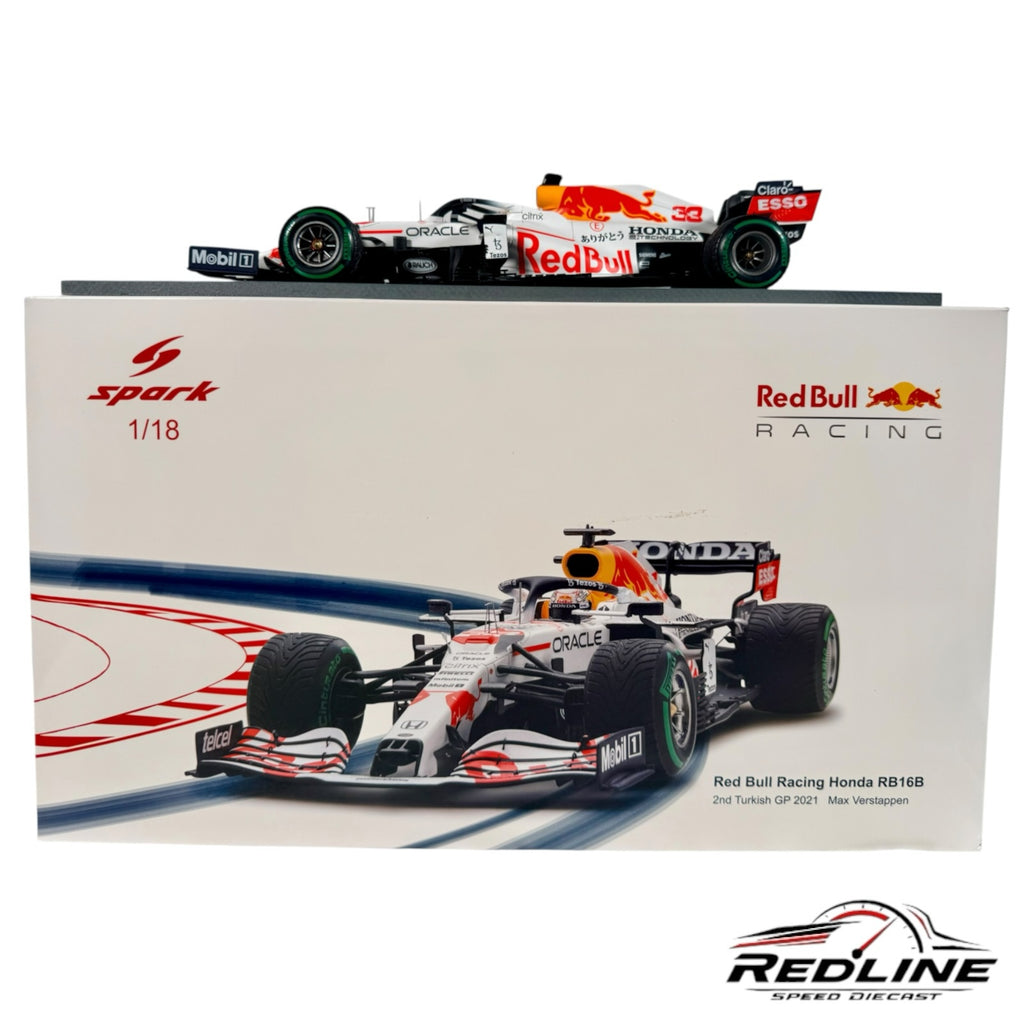 Redline Speed Diecast 1:18 scale Red Bull Racing Honda RB16B model car in white and red Turkish GP livery on display