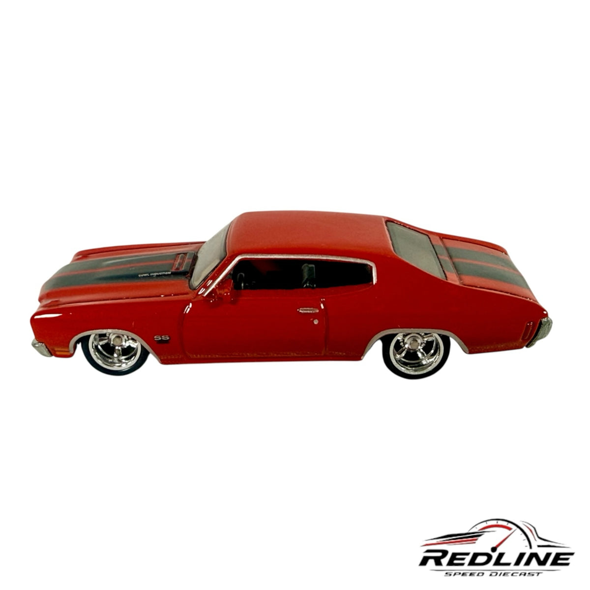 Redline Speed Diecast 1970 Chevrolet Chevelle SS model car in glossy red with black racing stripes and chrome wheels.
